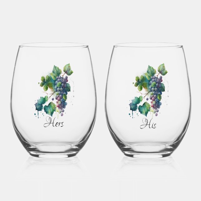 "His and Hers" Stemless Wine Glasses w Grapes (Front)