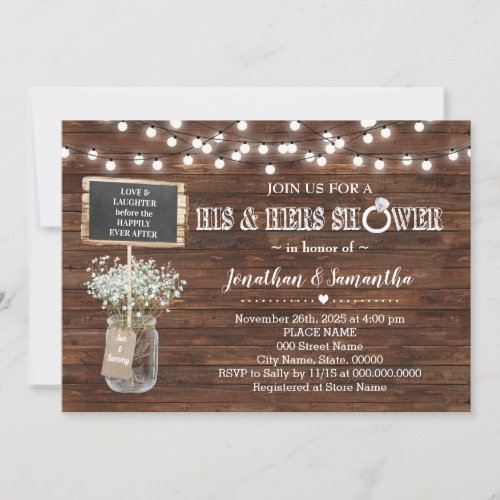 His and hers wedding shower rustic barn invitation