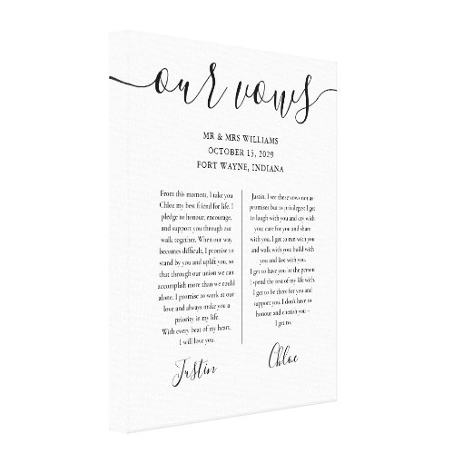 His And Hers Wedding Vows Black And White Script Canvas Print | Zazzle