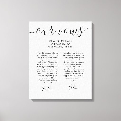 His And Hers Wedding Vows Black And White Script Canvas Print | Zazzle