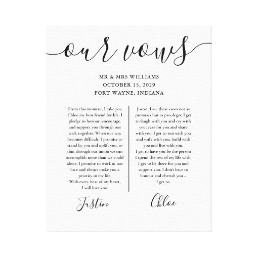 His And Hers Wedding Vows Black And White Script Canvas Print | Zazzle