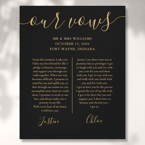 His And Hers Wedding Vows Black Gold Script Canvas