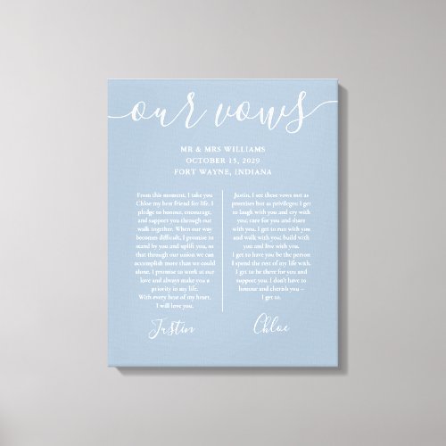 His And Hers Wedding Vows Dusty Blue Script Canvas Print