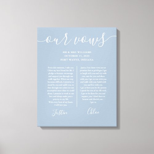 His And Hers Wedding Vows Dusty Blue Script Canvas Print