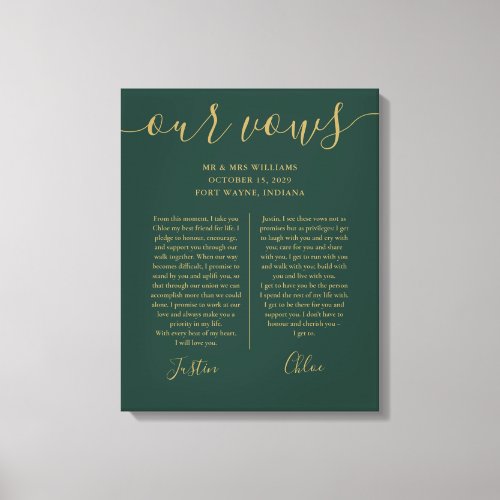 His And Hers Wedding Vows Emerald And Gold Canvas Print