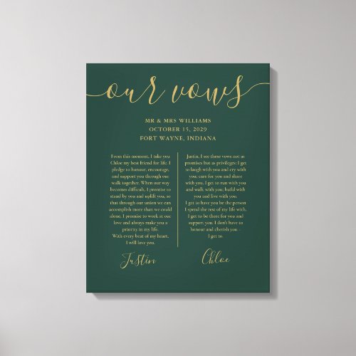 His And Hers Wedding Vows Emerald And Gold Canvas Print