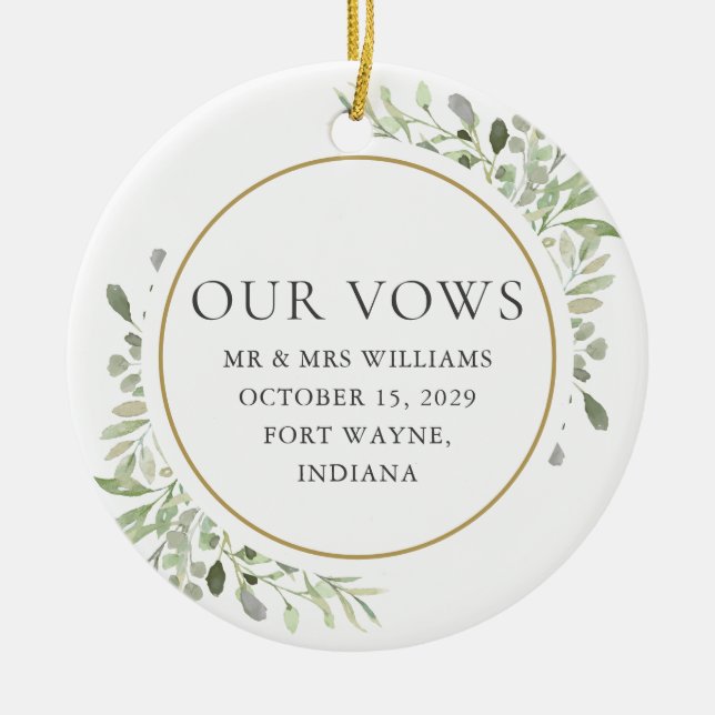 His And Hers Wedding Vows Greenery Foliage Ceramic Ornament (Front)
