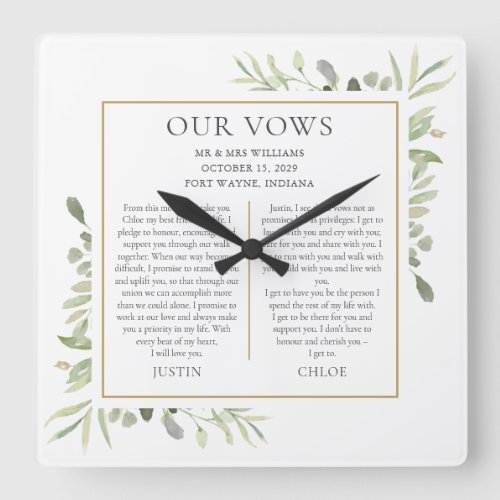 His And Hers Wedding Vows Greenery Foliage Square Wall Clock