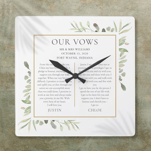 His And Hers Wedding Vows Greenery Foliage Square Wall Clock