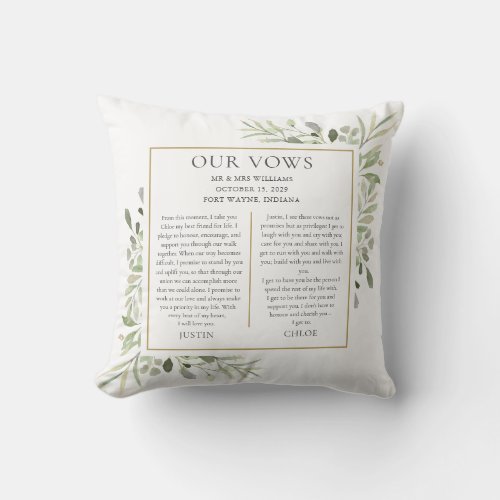 His And Hers Wedding Vows Photo Greenery Foliage Throw Pillow