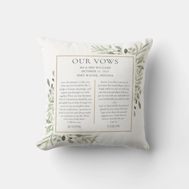 His And Hers Wedding Vows Photo Greenery Foliage Throw Pillow (Front)