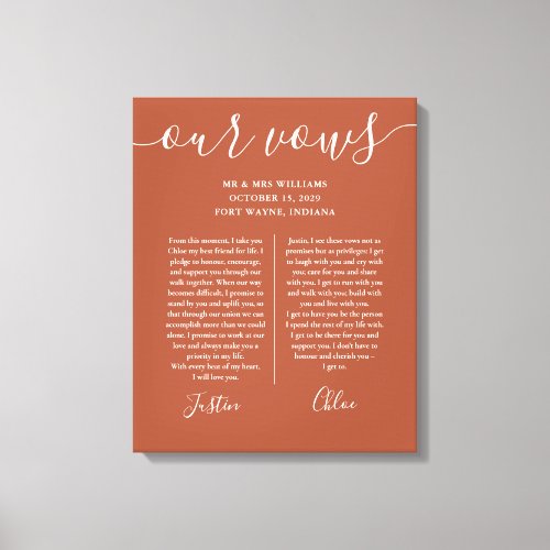 His And Hers Wedding Vows Terracotta Script Canvas Print
