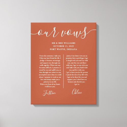 His And Hers Wedding Vows Terracotta Script Canvas Print