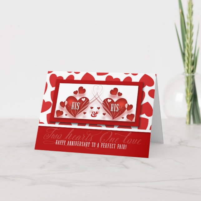 His and His Wedding Anniversary Two Red Hearts Card (Front)