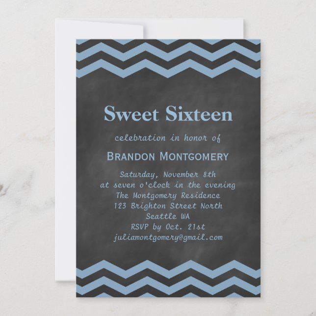 His Chalkboard & Blue Chevron Sweet 16 Invitation (Front)