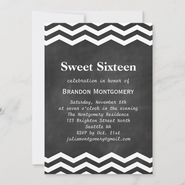 His Chalkboard & White Chevron Sweet 16 Invitation (Front)