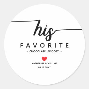 His Favorite Modern Wedding Snack favor Classic Round Sticker