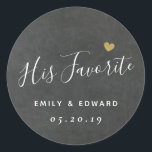His Favorite Personalized Wedding Favor Chalkboard Classic Round Sticker<br><div class="desc">Custom-designed elegant wedding favor round stickers/labels featuring "His Favorite" in modern hand calligraphy with a gold glitter heart. Personalize with bride and groom's names and wedding date. Apply the stickers/labels on boxes,  bags,  or jars for unique DIY wedding favors/gifts.</div>