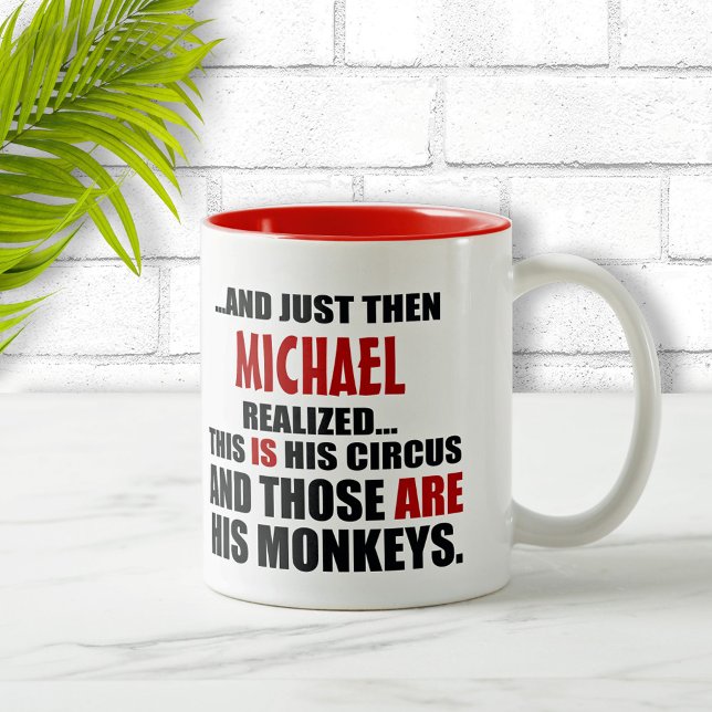 (His) Funny Personalized Circus Monkeys Two-Tone Coffee Mug (Creator Uploaded)