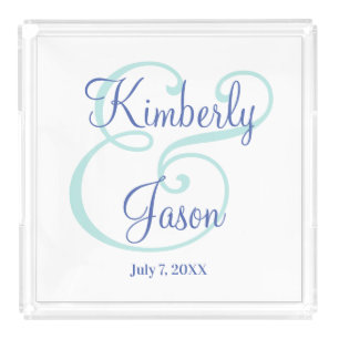 His & Her Blue Script Names, Pale Teal Ampersand Acrylic Tray