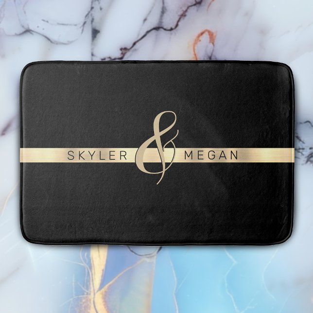His & Her Names, Gold Stripe on Black Bath Mat (Creator Uploaded)