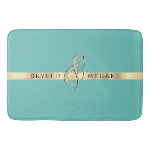 His  Her Names Gold Stripe on Light Teal Bath Mat