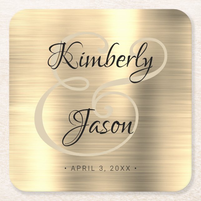 His & Her Script Names, Brushed Gold Metal Wedding Square Paper Coaster (Front)