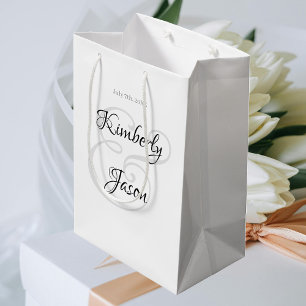 His & Her Script Names & Date, Black & Grey Medium Gift Bag