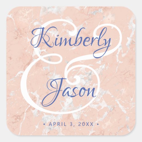 HisHer Script Names Date Wedding Rose Gold Marble Square Sticker