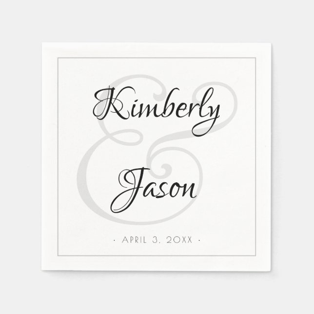 His & Her Script Names, Grey Border Wedding Napkins (Front)