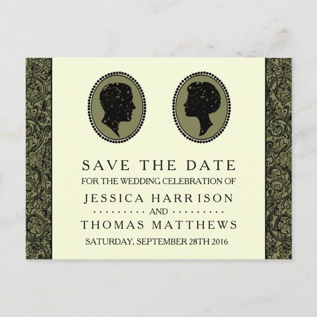 His & Hers Art Deco Silhouette Wedding Collection Announcement Postcard (Front)