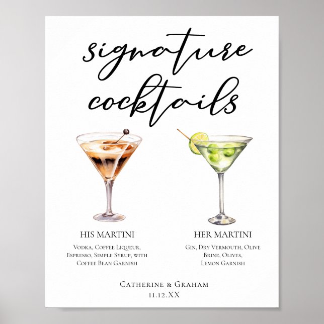 His Hers Martini Signature Wedding Cocktails Menu Poster (Front)