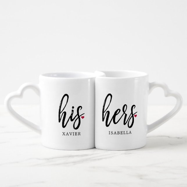 His & Hers Modern Black Script Couples Mugs (Front Nesting)