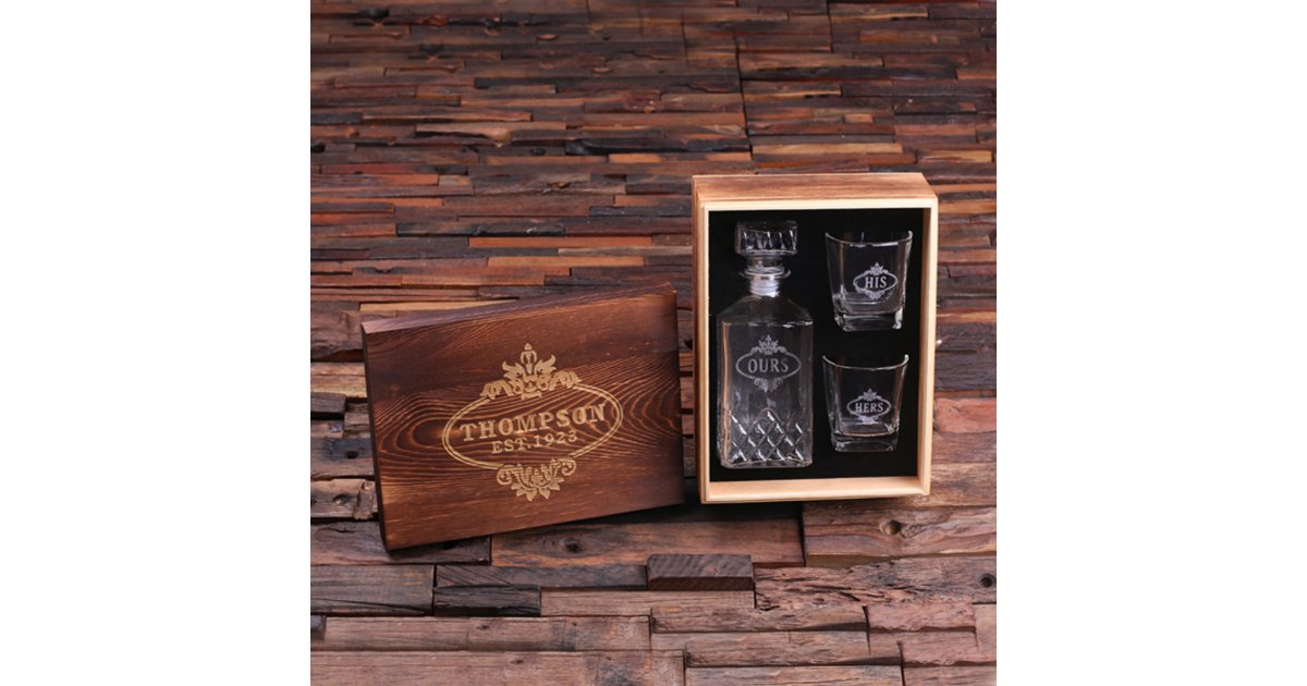 His Hers Ours Whiskey Decanter & Glasses Set in Personalized Wood