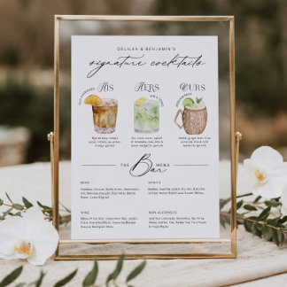 His Hers & Ours Watercolor Signature Cocktail Menu Poster
