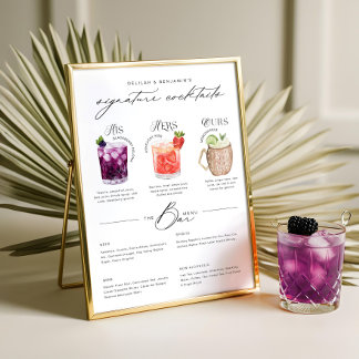 His Hers & Ours Watercolor Signature Cocktail Menu Poster