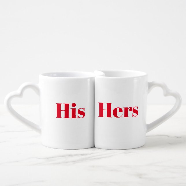 His / Hers, red white Valentine's day Coffee Mug Set (Front Nesting)