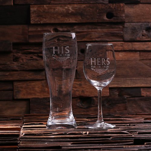 His  Hers Set with Etched Wine and Beer Glasses