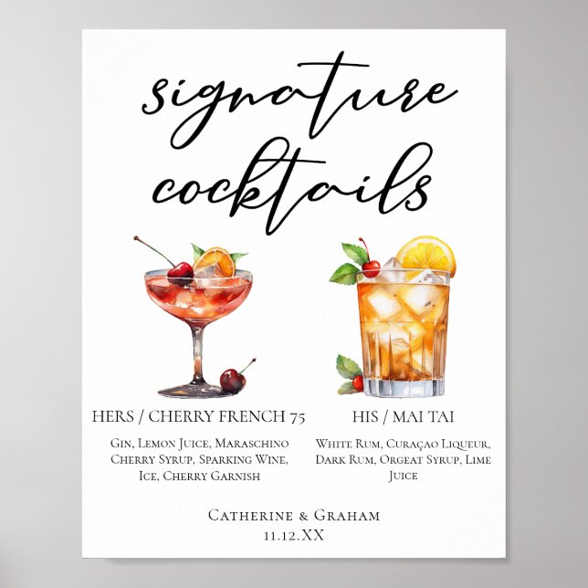 His Hers Summer Wedding Signature Cocktails Menu Poster (Front)