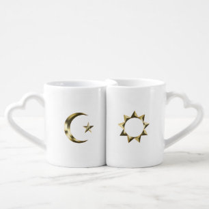 His / Hers, Sun, Moon, Morning, Night, gold white Coffee Mug Set