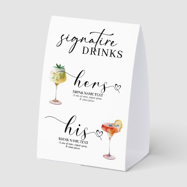 His & Hers Wedding Occasion Signature Drinks Paper Table Tent (Back)
