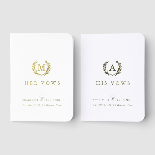'His & Hers' White Crest Monogram Wedding  Foil Vow Books (Front)