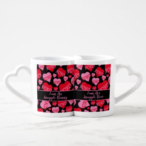 His Hers XOXO Heart Pink Red Pattern Black Coffee Mug Set