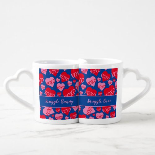 His Hers XOXO Heart Pink Red Pattern Blue Coffee Mug Set