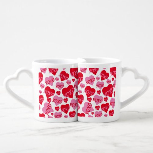 His Hers XOXO Heart Pink Red Pattern White Coffee Mug Set