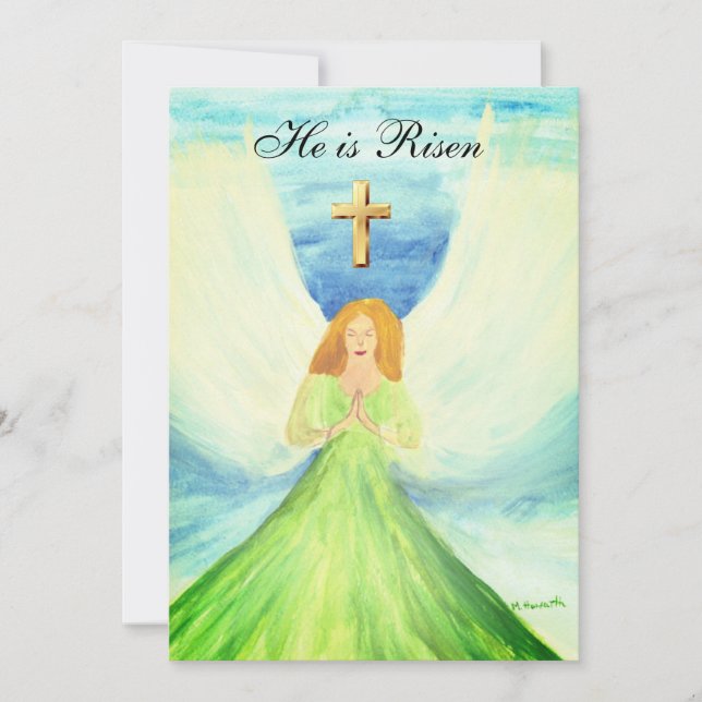 His is Risen Watercolor Easter Angel Cross Invitat Invitation (Front)