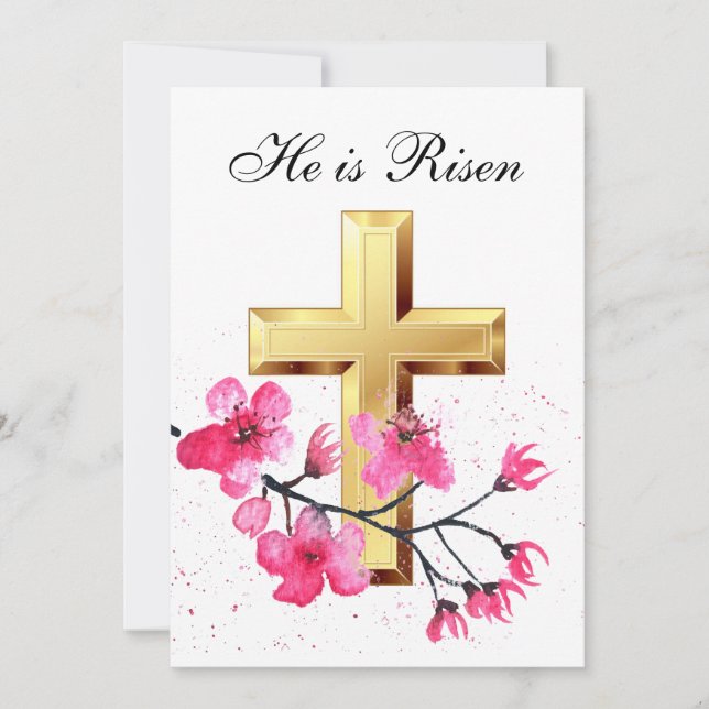His is Risen Watercolor Easter Blossom Cross Invitation (Front)