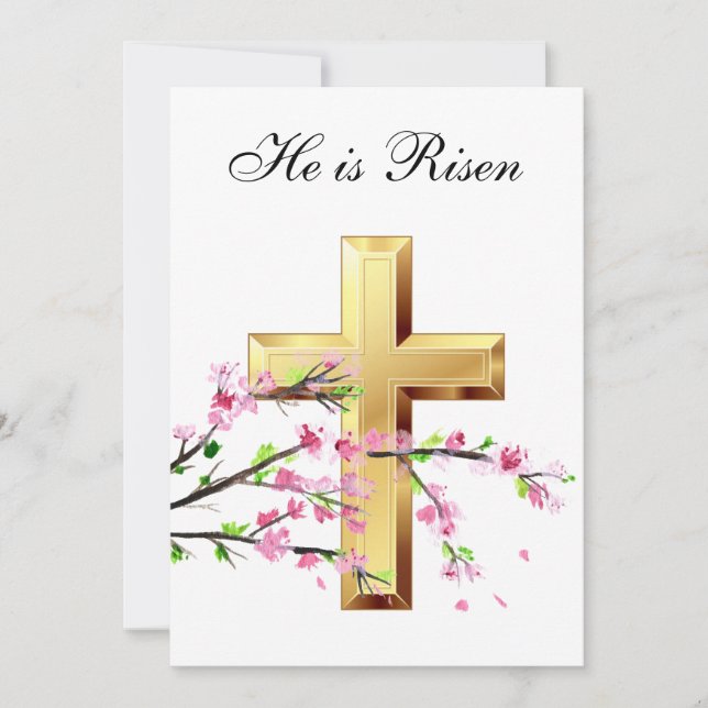 His is Risen Watercolor Easter Pink Blossom Cross Invitation (Front)