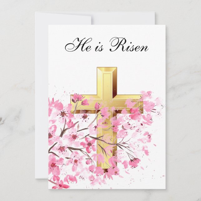His is Risen Watercolor Easter Pink Blossom Cross Invitation (Front)