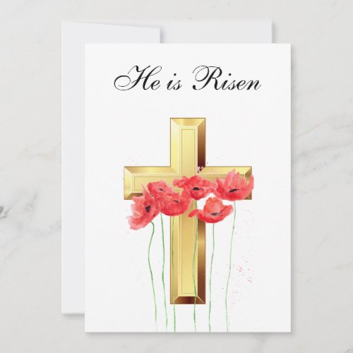 His is Risen Watercolor Easter Red Poppies Cross I Invitation